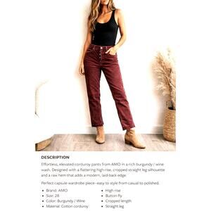 AMO Chelsea Corduroy Pants Rust Brown Ankle Crop Straight Leg Sz 28 Button Fly